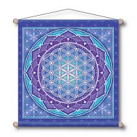 Square banner in purples and blues, showcasing a geometric "flower of life" pattern surrounded by lotus blossom petals.