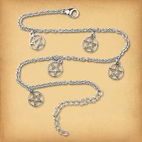 A delicate stainless steel chain anklet with lobster claw clasp, featuring five cutout pentacle charms at regular intervals.
