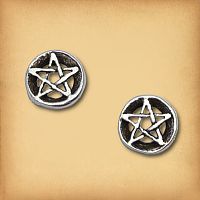 Pair of sterling silver pentacle post earrings, showing the under/over pattern of the lines making up the five-point stars.