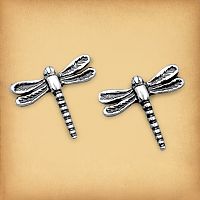 A pair of sterling silver dragonfly post earrings, showing their outstretched wings and beautifully detailed bodies.