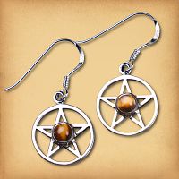 Sterling silver Pentacle Earrings with round tiger eye cabochons at their centers, on French hooks for pierced ears. 