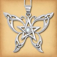 Sterling Silver Celtic Butterfly Pendant, showing the Celtic knots on the wingtips, and the moonstone cabochon in the center
