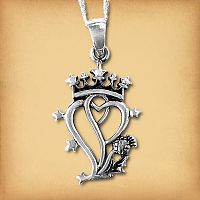 Sterling Silver Thistle Luckenbooth Pendant, featuring stylized double hearts, crown, and a tiny thistle blossom at the base.