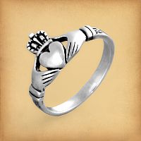 Sterling silver Claddagh ring displaying two hands clasping a crowned heart, with a plain band at the back.