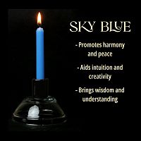 A single sky blue chime candle, lit, with a dark background, and a column of text listing its magical properties.