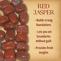 Multiple tumbled Red Jasper stones covering half the page, alongside text that briefly describes their magical properties.