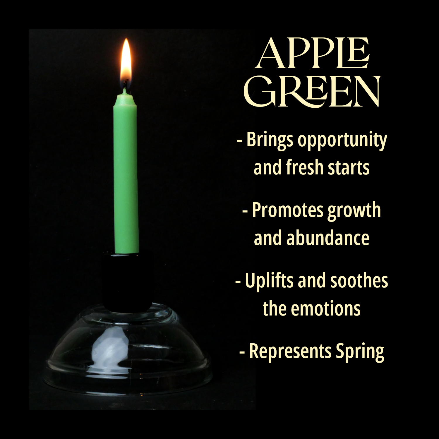 A single Apple Green Chime Candle, lit, with a dark background, and a column of text listing its magical properties.