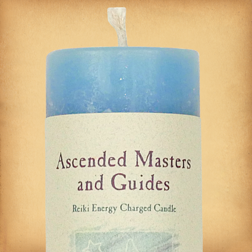 Blue pillar candle labeled “Ascended Masters and Guides” with “Reiki Energy Charged Candle”. Slim pillar candle, single wick.