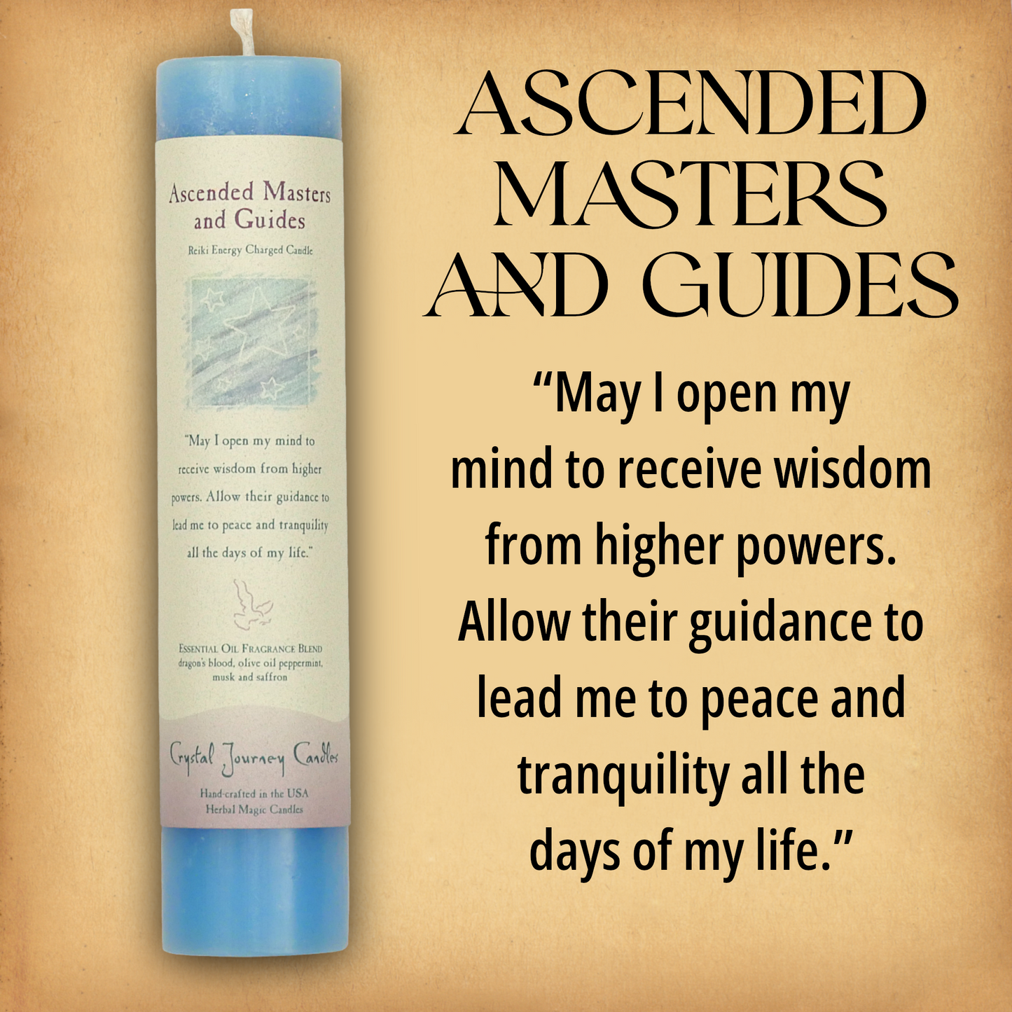 Blue Ascended Masters and Guides Pillar Candle with affirmation: “May I open my mind to receive wisdom…” Reiki energy charged