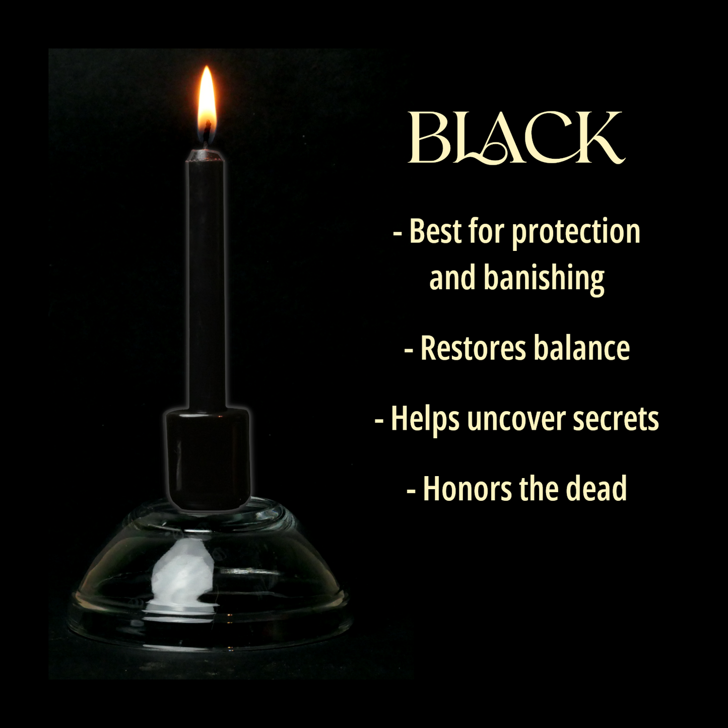 A single Black Chime Candle, lit, with a dark background, and a column of text listing its magical properties.