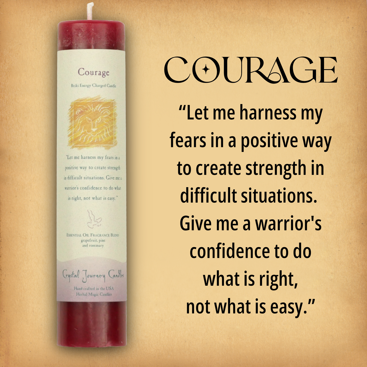 Red Courage Pillar Candle with affirmation: “Let me harness my fears in a positive way to create…” Reiki energy charged.