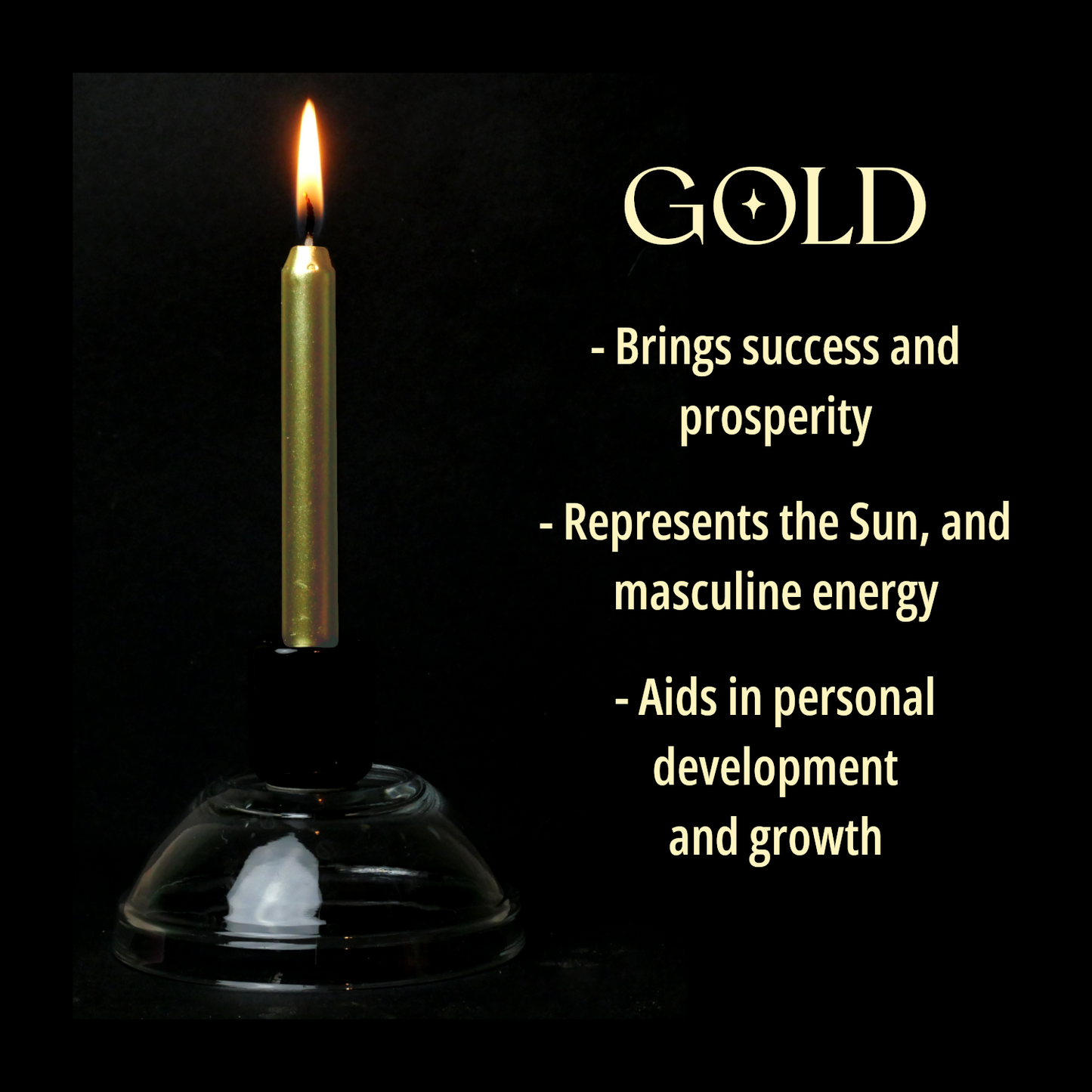 A single Metallic Gold Chime Candle, lit, with a dark background, and a column of text listing its magical properties.