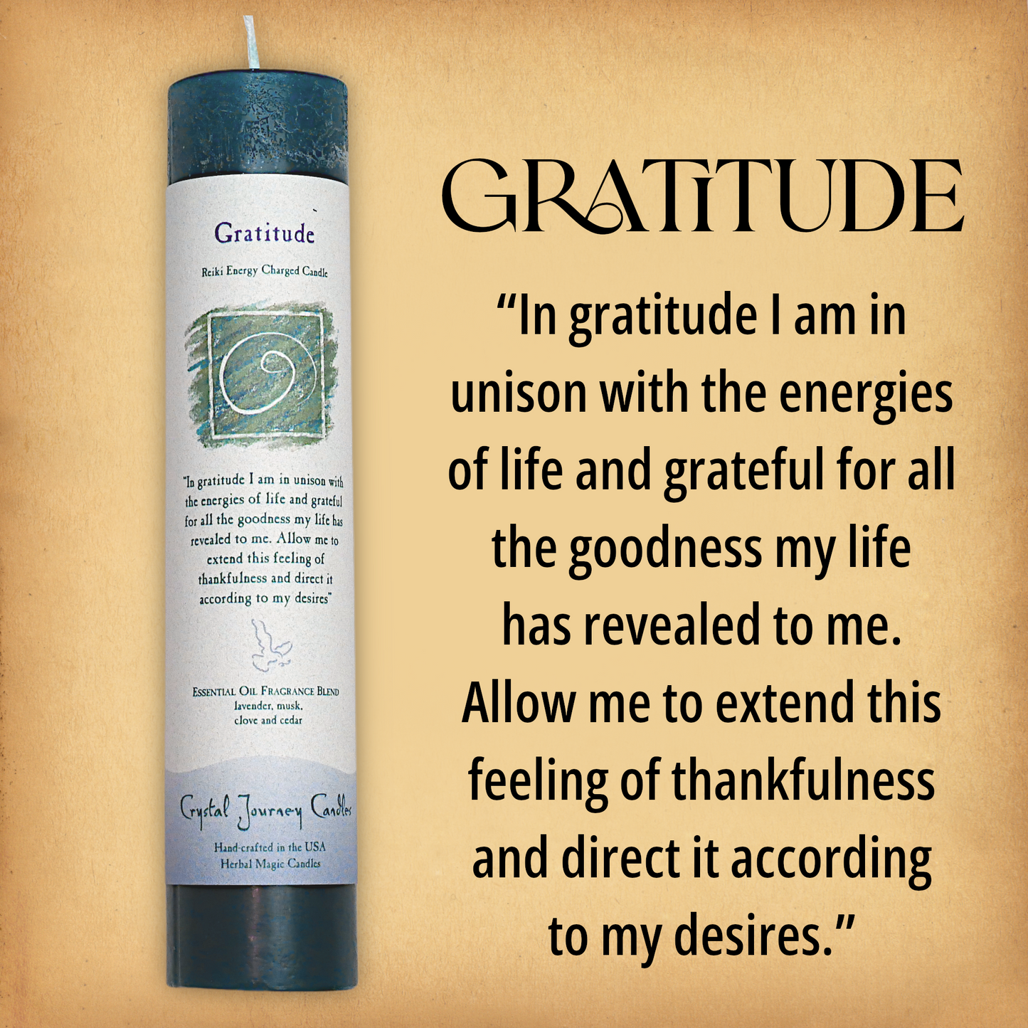 Teal blue Gratitude Pillar Candle with affirmation: “In gratitude I am in unison with the energies of…” Reiki energy charged.