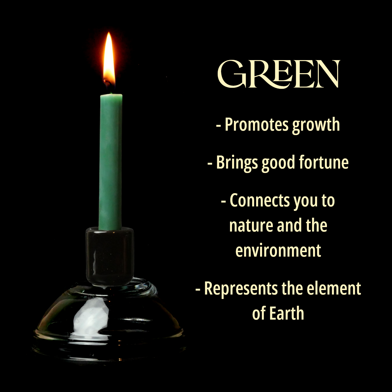 A single forest Green Chime Candle, lit, with a dark background, and a column of text listing its magical properties.