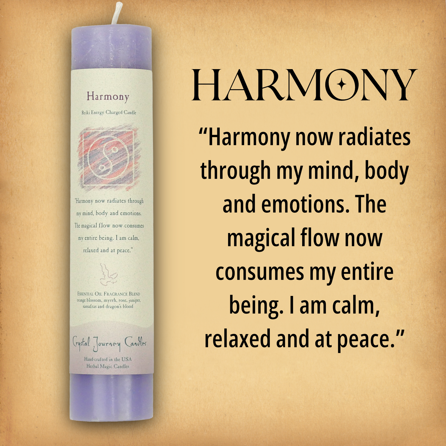 Purple Harmony Pillar Candle with affirmation: “Harmony now radiates through my mind, body and…” Reiki energy charged.