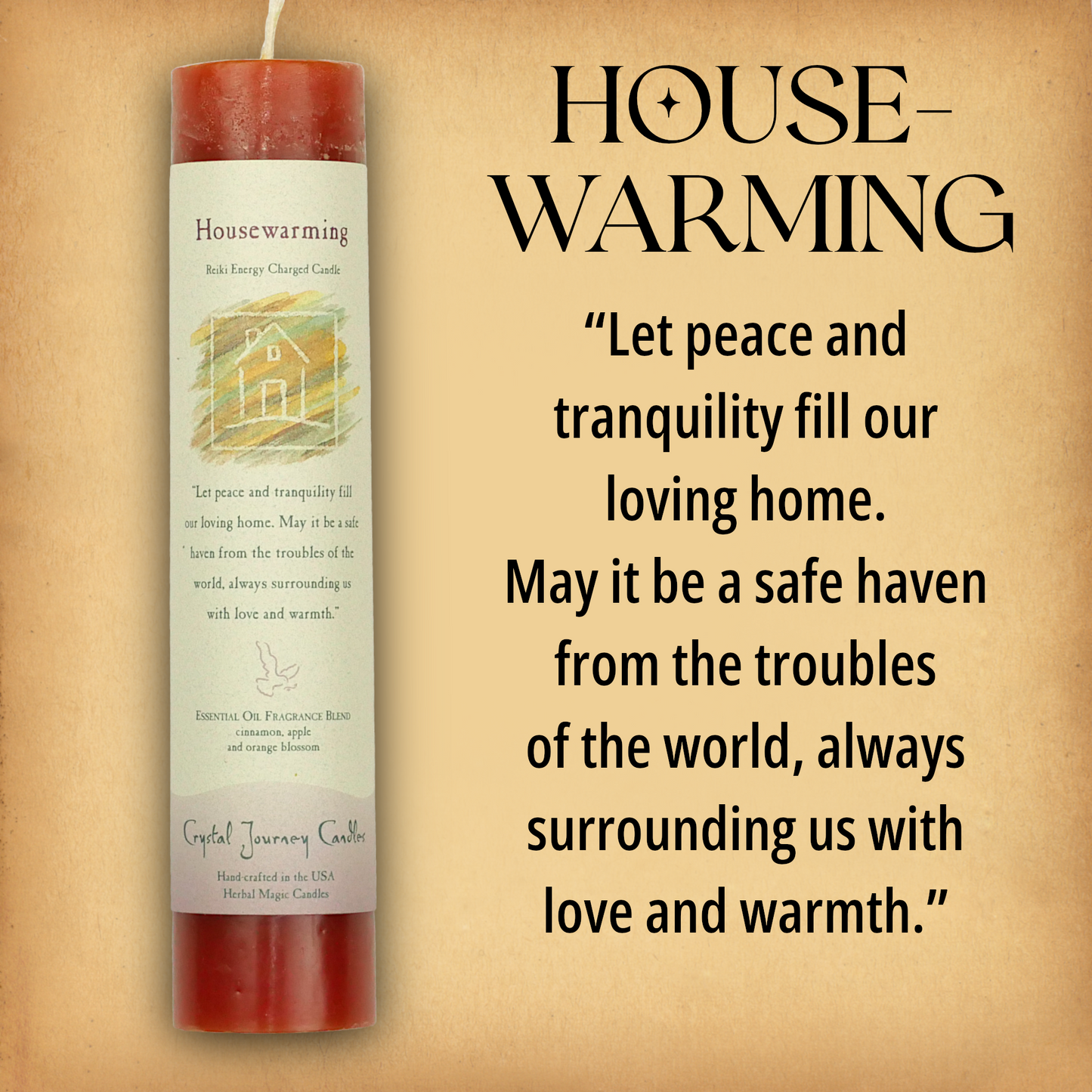 Orange Housewarming Pillar Candle with affirmation: “Let peace and tranquility fill our loving home.…” Reiki energy charged.