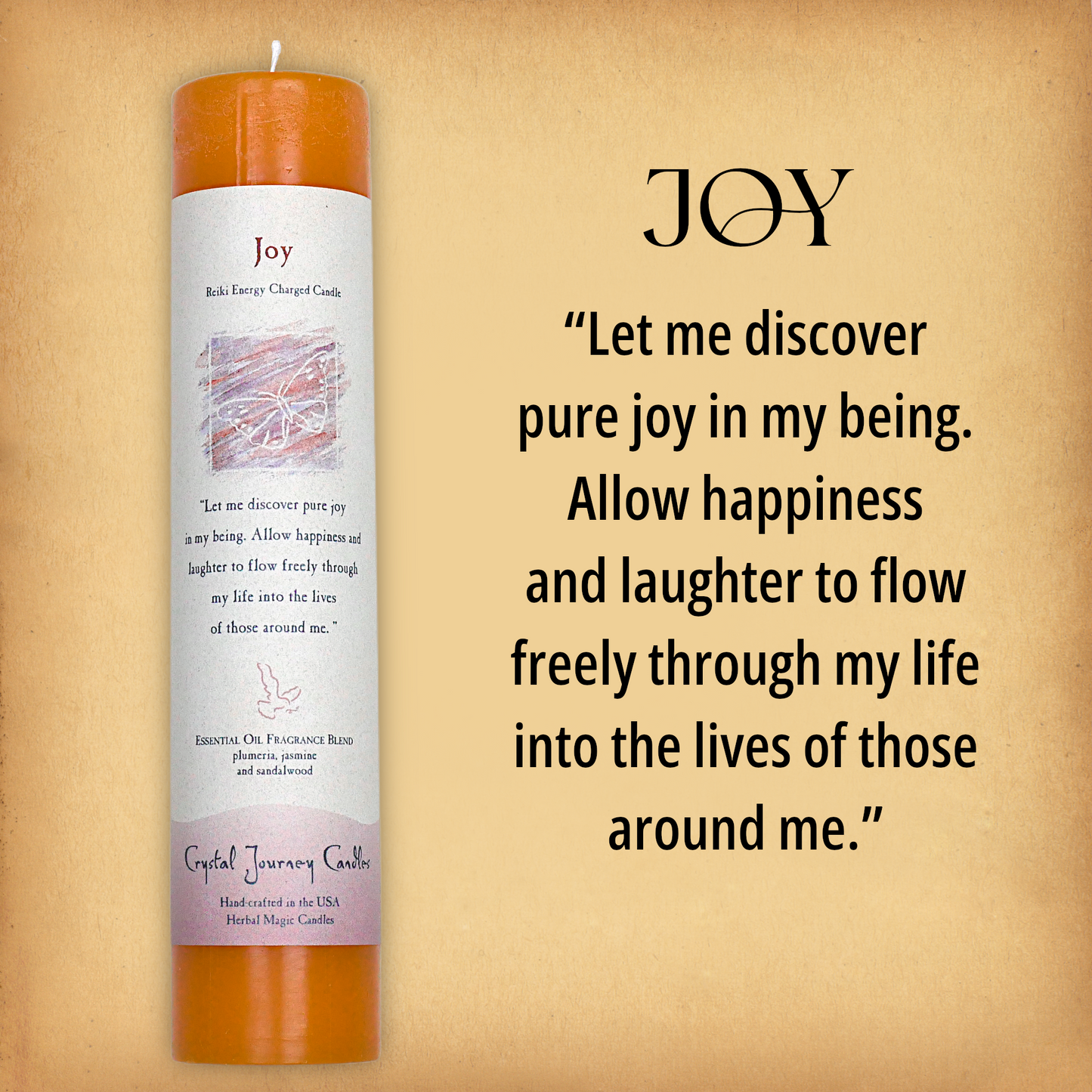 Orange Joy Pillar Candle with affirmation: “Let me discover pure joy in my being. Allow happiness and…” Reiki energy charged.