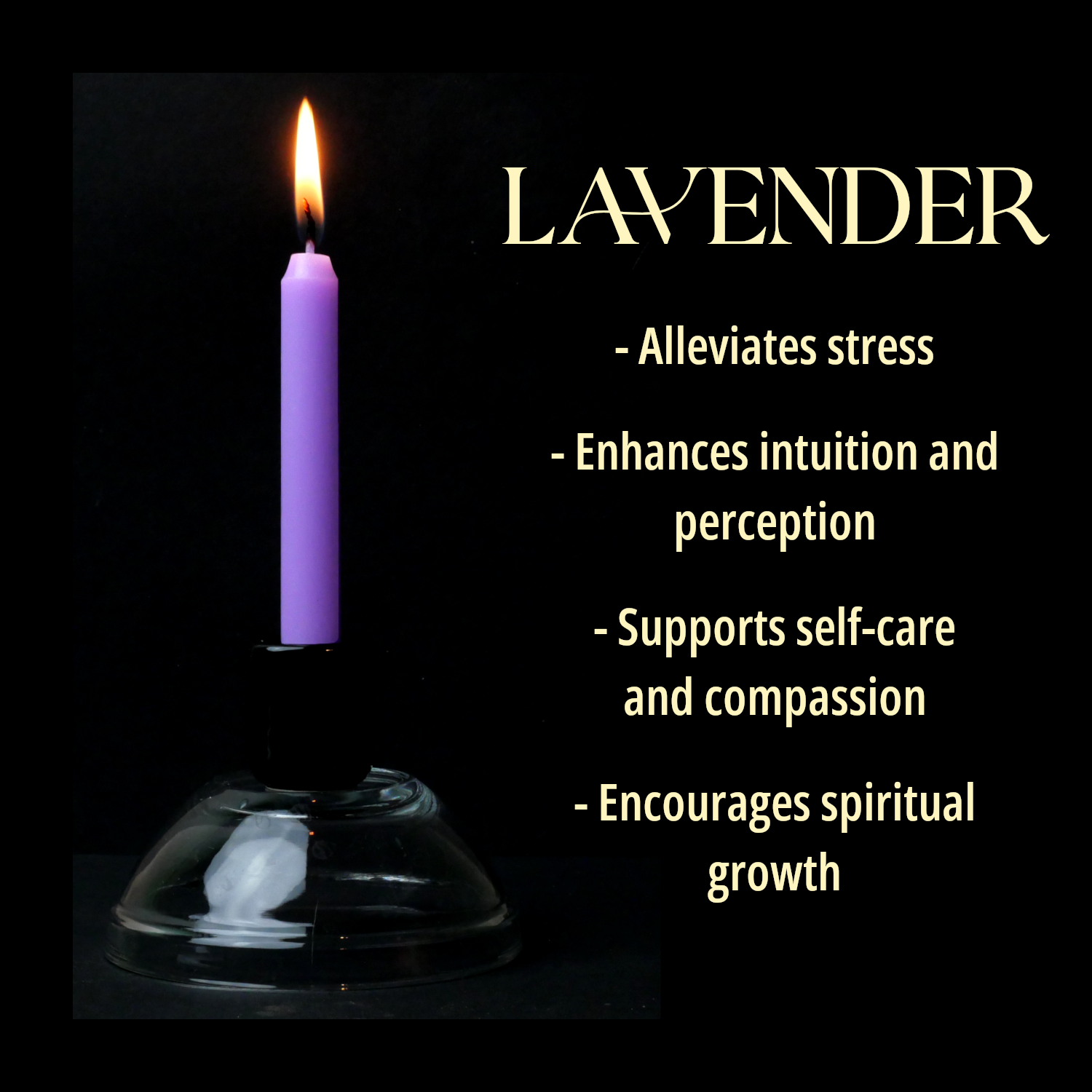 A single Lavender Chime Candle, lit, with a dark background, and a column of text listing its magical properties.