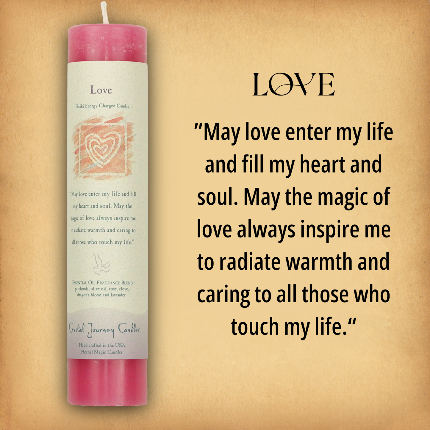 Pink Love Pillar Candle with affirmation: “May love enter my life and fill my heart and soul.…” Reiki energy charged.