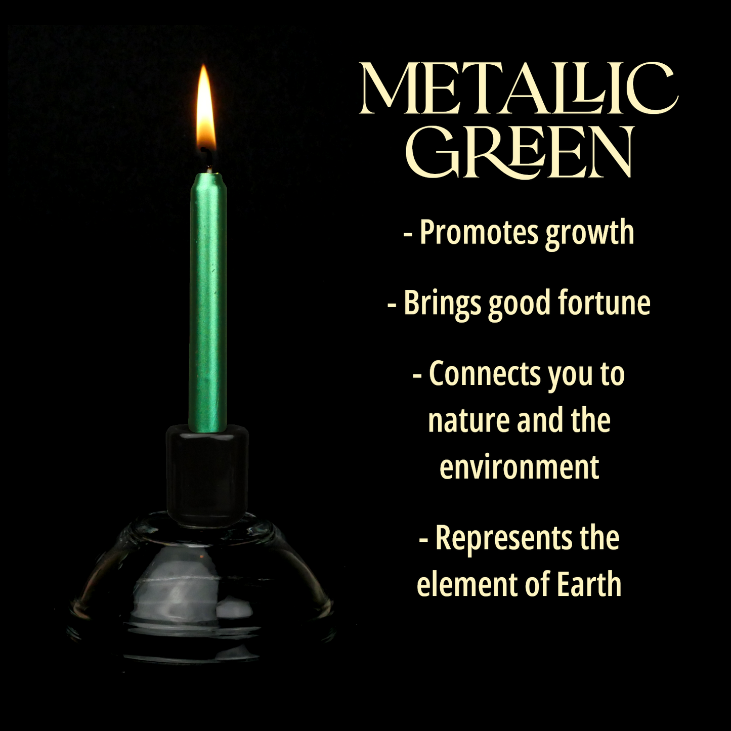 A single Metallic Green Chime Candle, lit, with a dark background, and a column of text listing its magical properties.