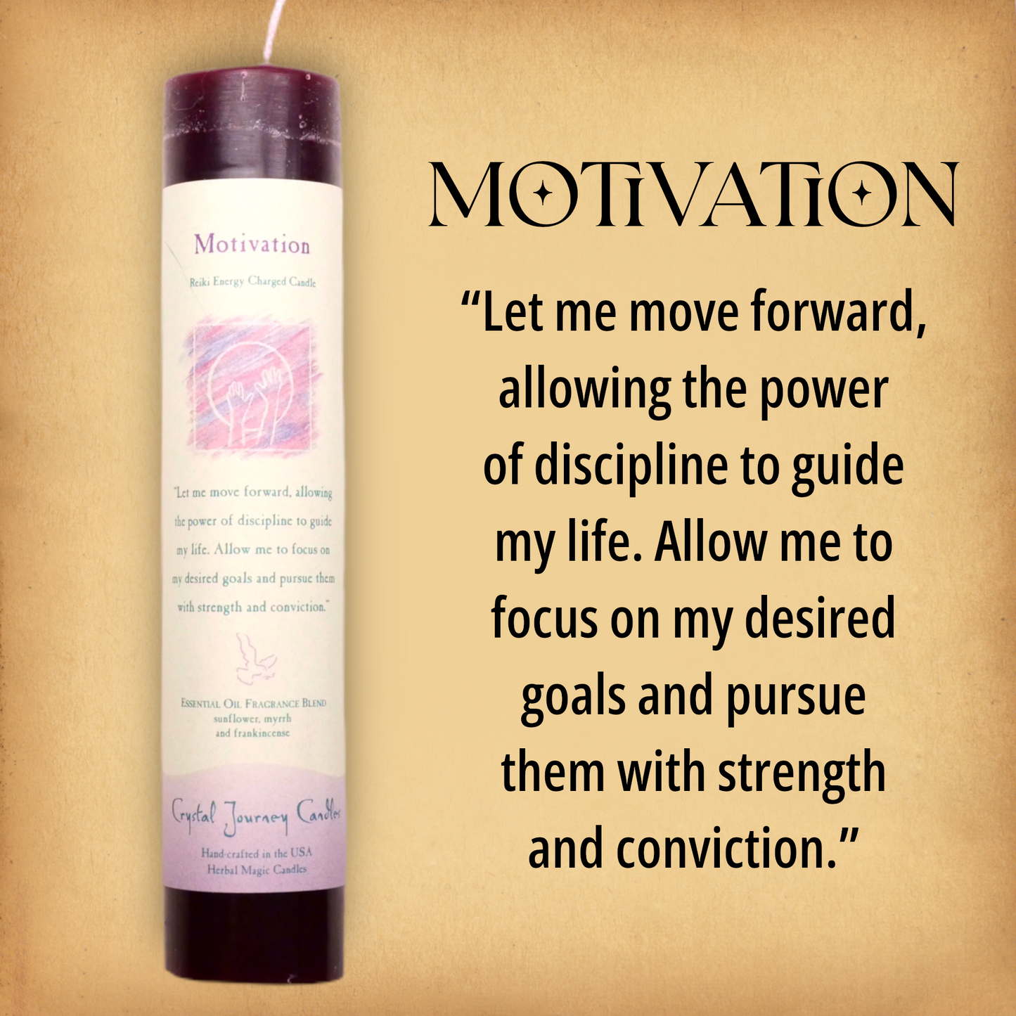 Dark red Motivation Pillar Candle with affirmation: “Let me move forward, allowing the power of…” Reiki energy charged.