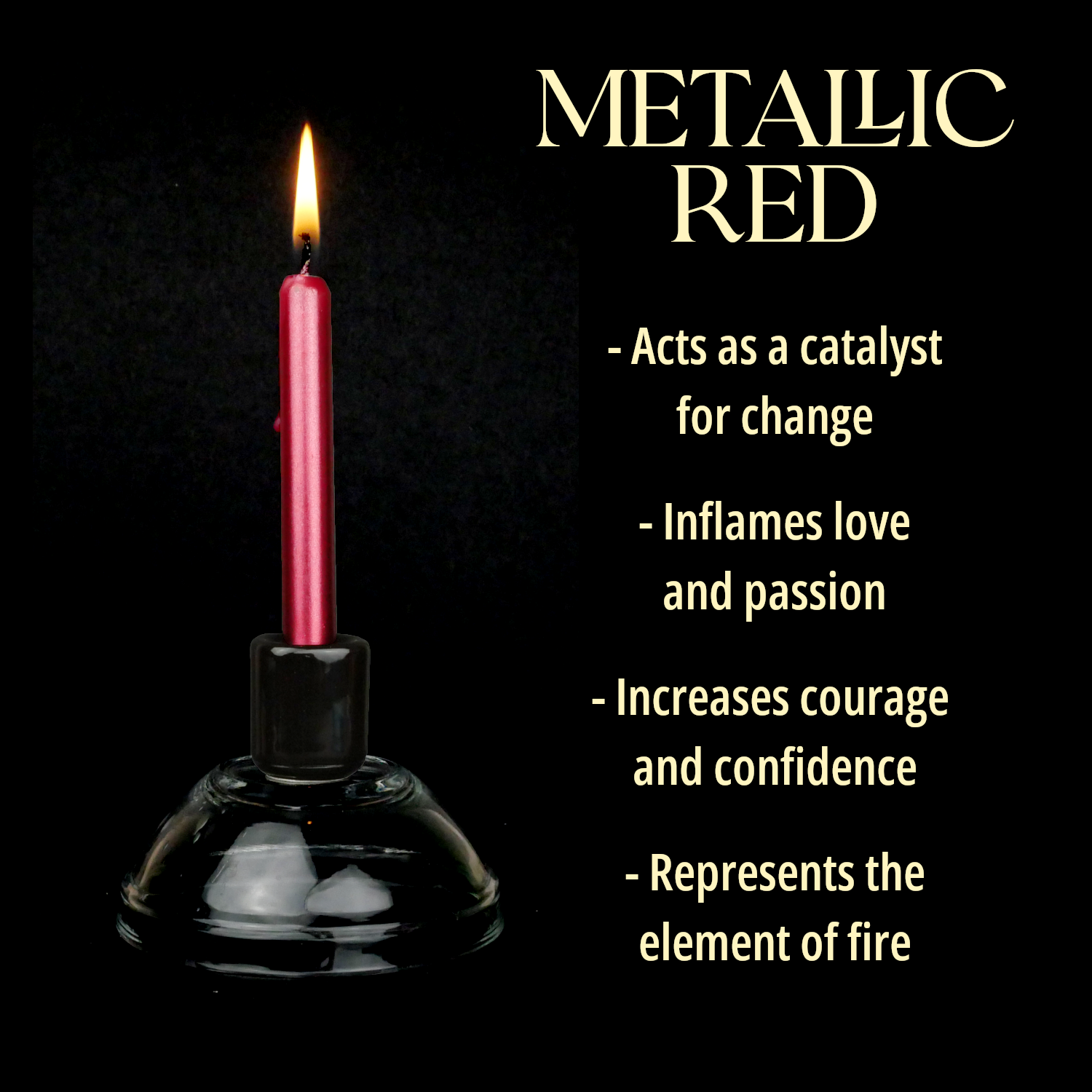 A single Metallic Red Chime Candle, lit, with a dark background, and a column of text listing its magical properties.