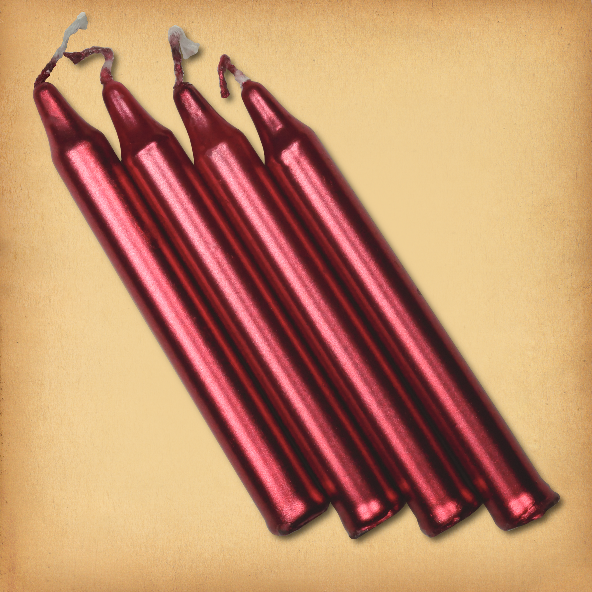 An overhead view of four Metallic Red Chime Candles, diagonally placed on a plain surface, showing the candles' proportions.