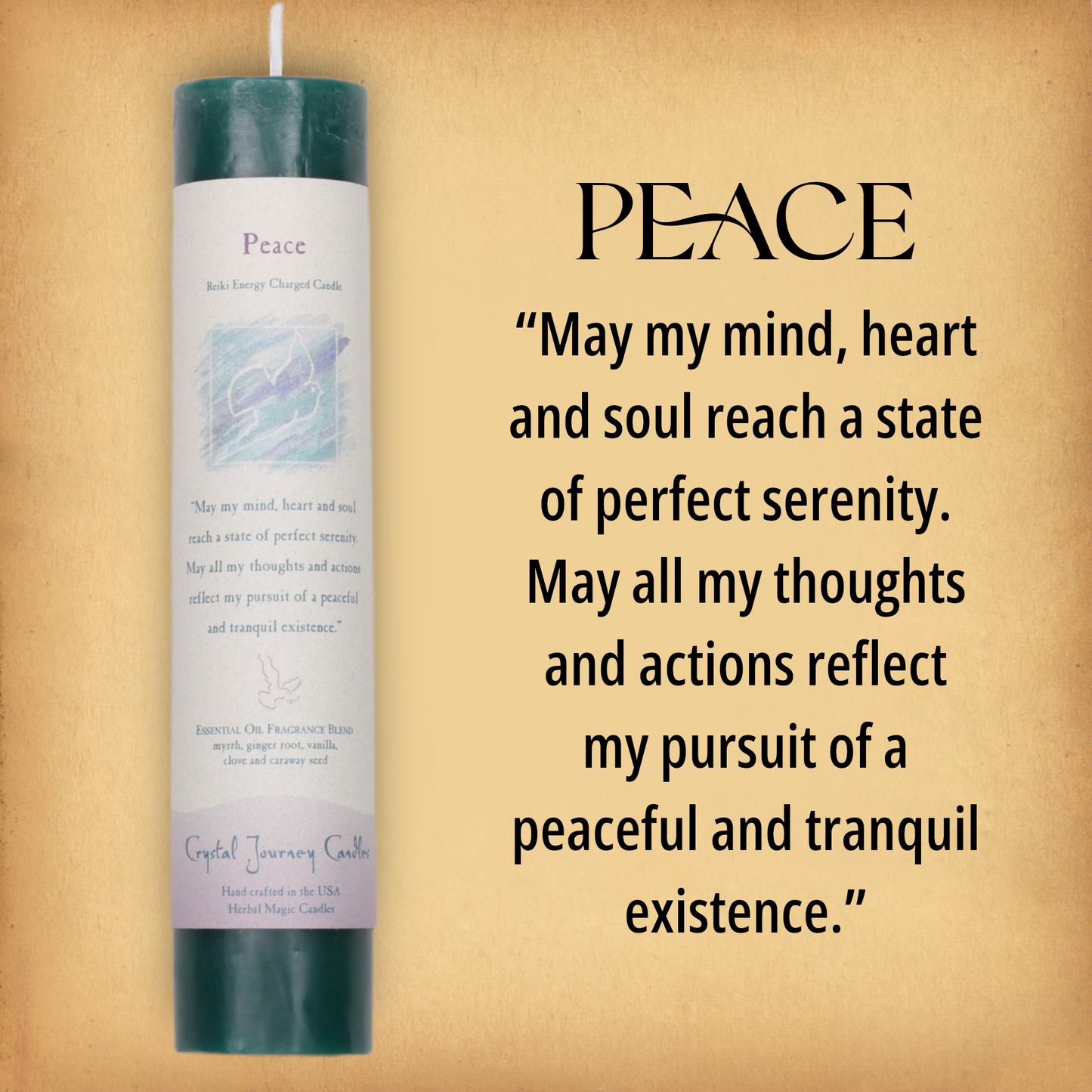 Green Peace Pillar Candle with affirmation: “May my mind, heart and soul reach a state of perfect.…” Reiki energy charged.