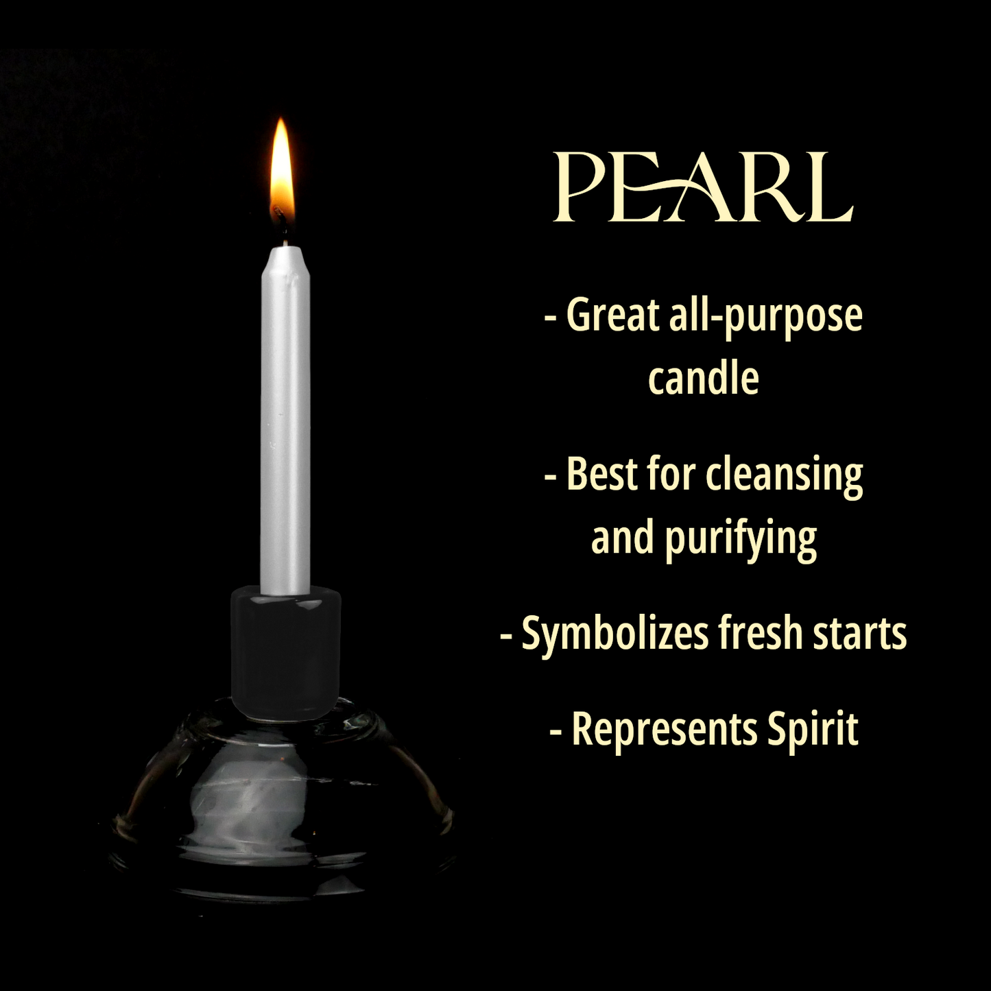 A single Pearl White Chime Candle, lit, with a dark background, and a column of text listing its magical properties.
