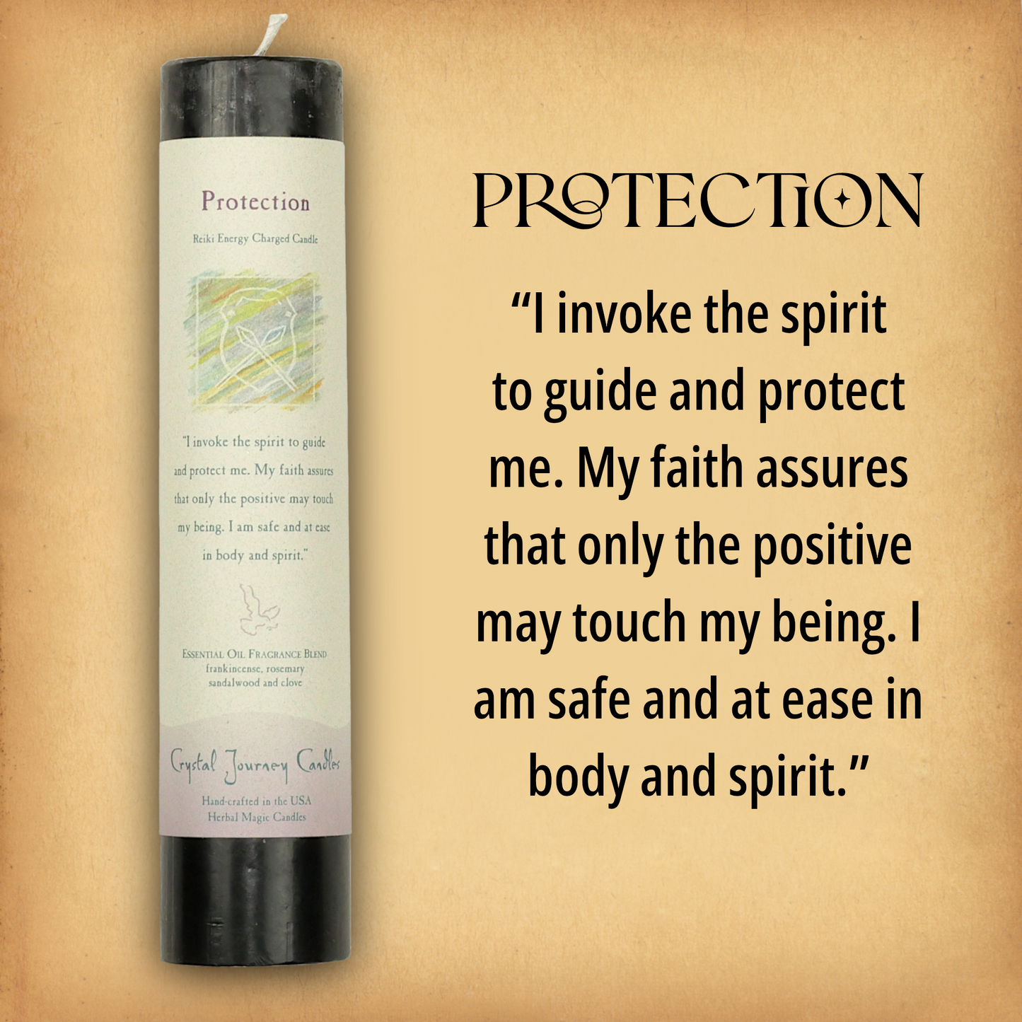 Black Protection Pillar Candle with affirmation: “I invoke the spirit to guide and protect me. My.…” Reiki energy charged.