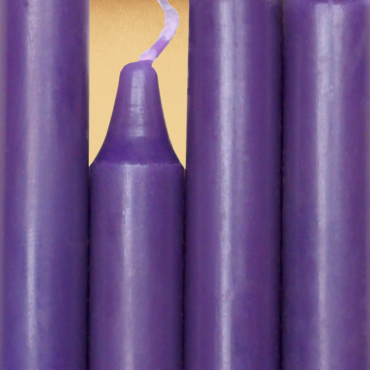 Closeup of a quartet of Purple Chime Candles arranged side-by-side so they form an almost solid block of color.