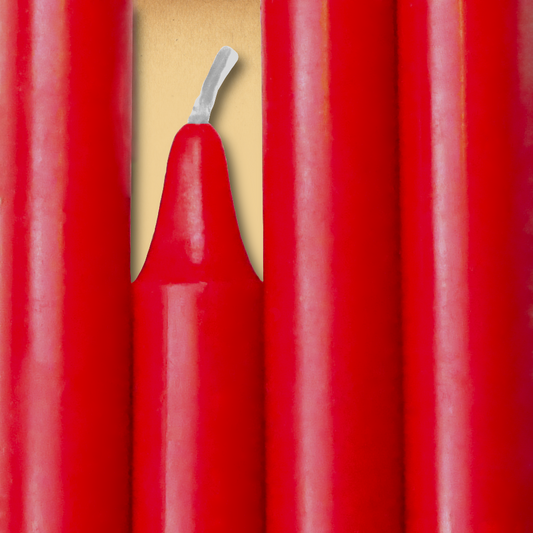 Closeup of a quartet of Red Chime Candles arranged side-by-side so they form an almost solid block of color.