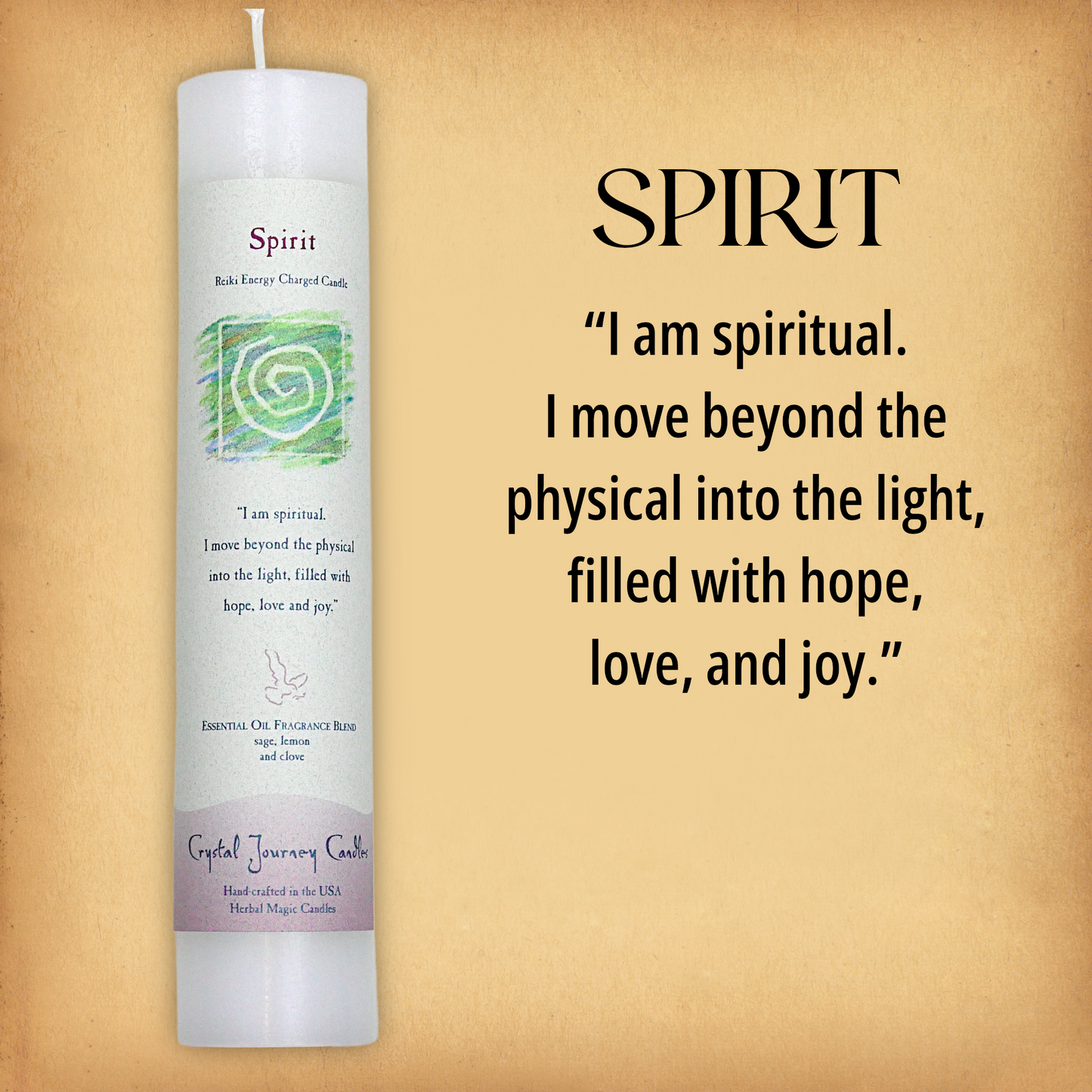 White Spirit Pillar Candle with affirmation: “I am spiritual. I move beyond the physical into the…” Reiki energy charged.