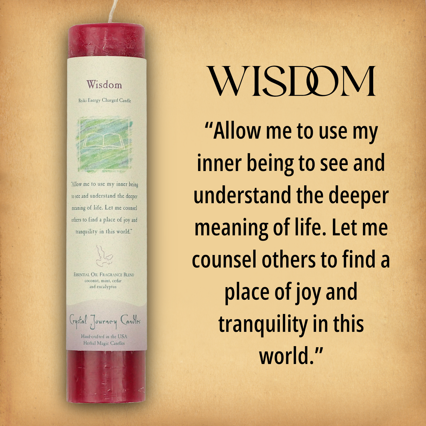Red Wisdom Pillar Candle with affirmation: “Allow me to use my inner being to see and understand the…” Reiki energy charged.