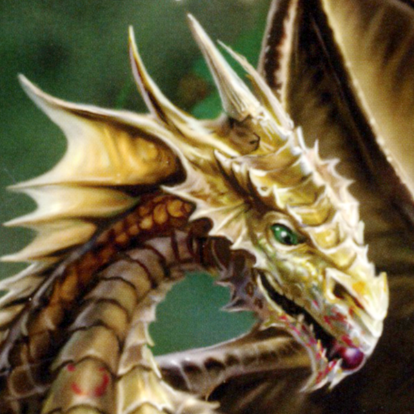 Close-up of a golden dragon showing its green eyes and gleaming scales catching the light as it enjoys a blackberry.