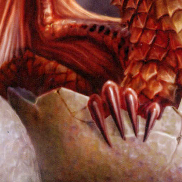 Close-up of the newborn red dragon’s claw gripping the edge of its eggshell, with sharp talons and scales catching the light.