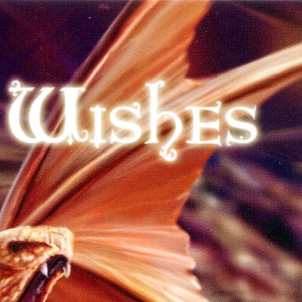 Close-up of dragon’s wing with "Wishes" written in decorative fantasy-style font, adding a magical touch to the greeting card