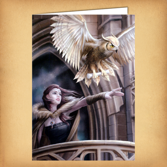 Fantasy greeting card featuring a noble woman on a castle balcony, releasing a majestic owl carrying a scroll in its talons.