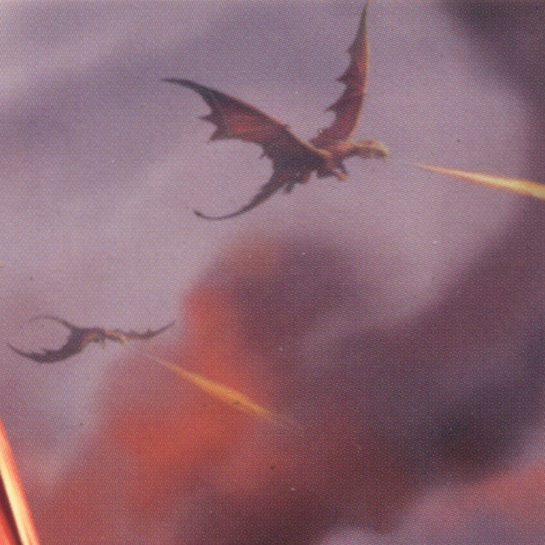Detail from the main image showing dragons soaring through a stormy sky, their fiery breath piercing the smoky haze.