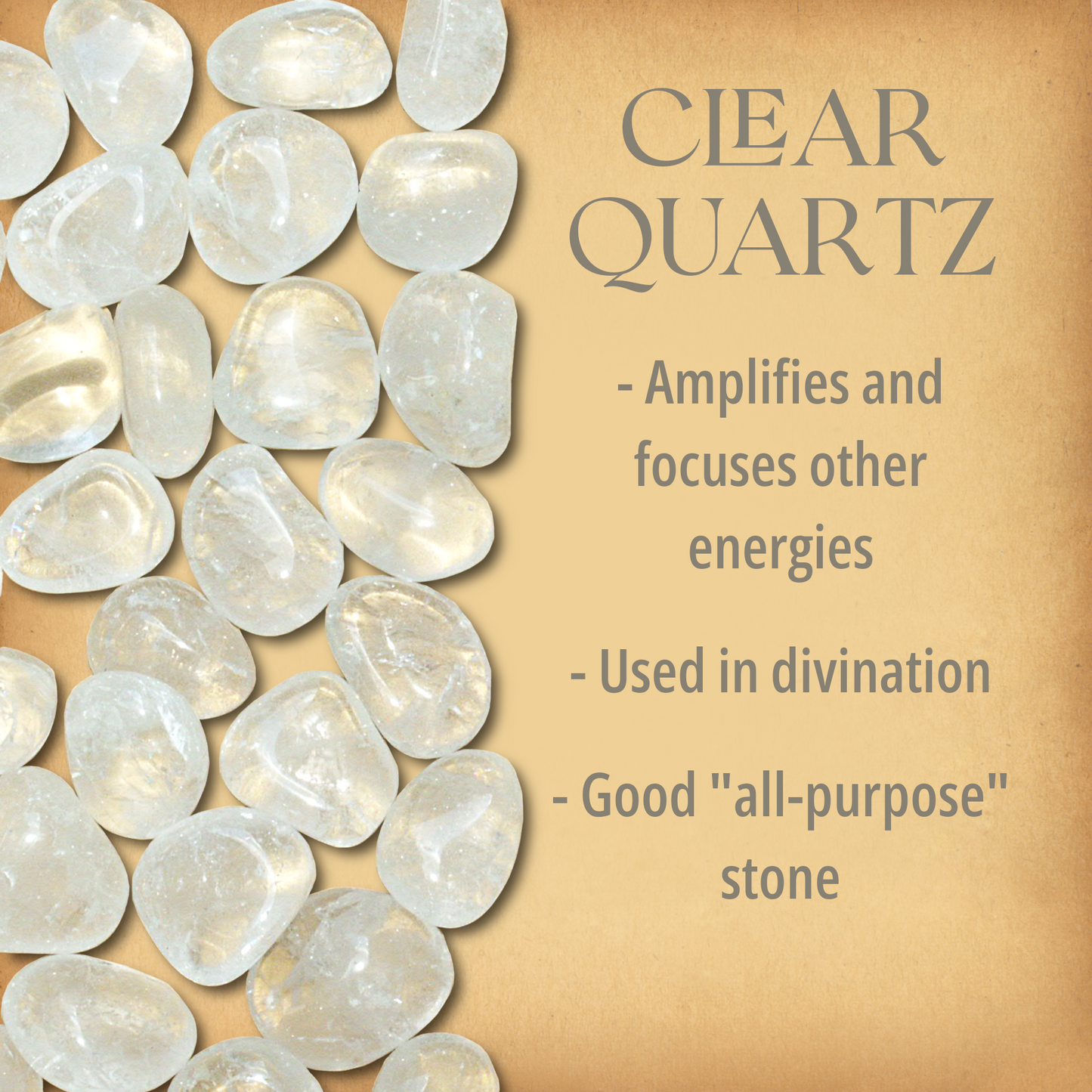 Multiple tumbled Clear Quartz stones covering half the page, alongside text that briefly describes their magical properties.