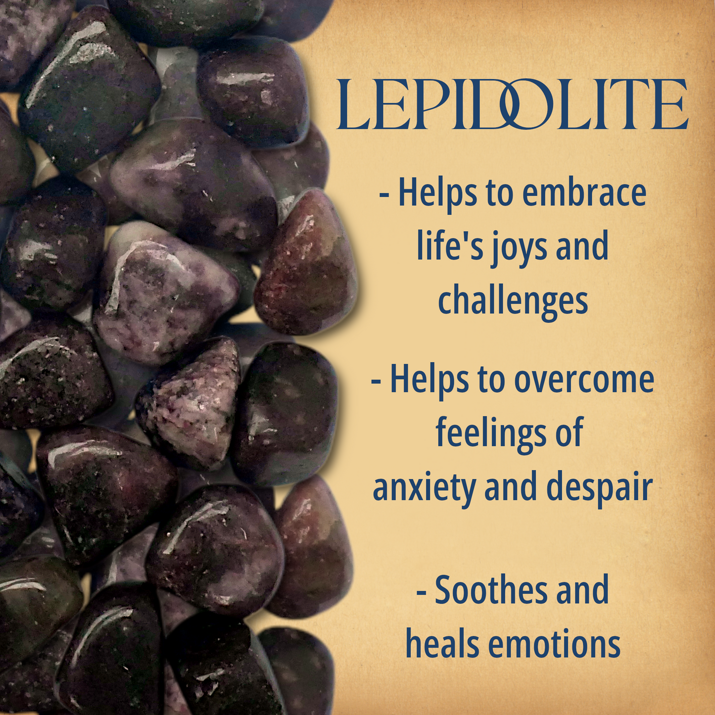 Multiple tumbled Lepidolite stones covering half the page, alongside text that briefly describes their magical properties.