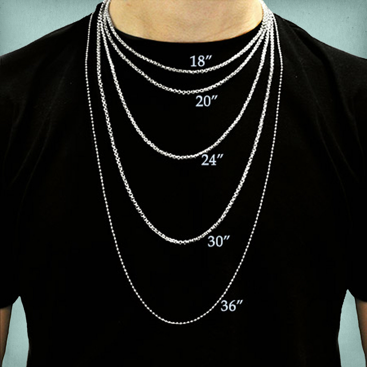 Necklace length comparison chart showing silver chains at 18", 20", 24", 30", and 36" worn by a model for reference.