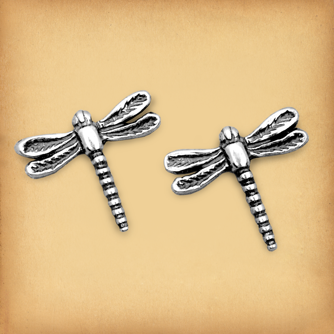 A pair of sterling silver dragonfly post earrings, showing their outstretched wings and beautifully detailed bodies.