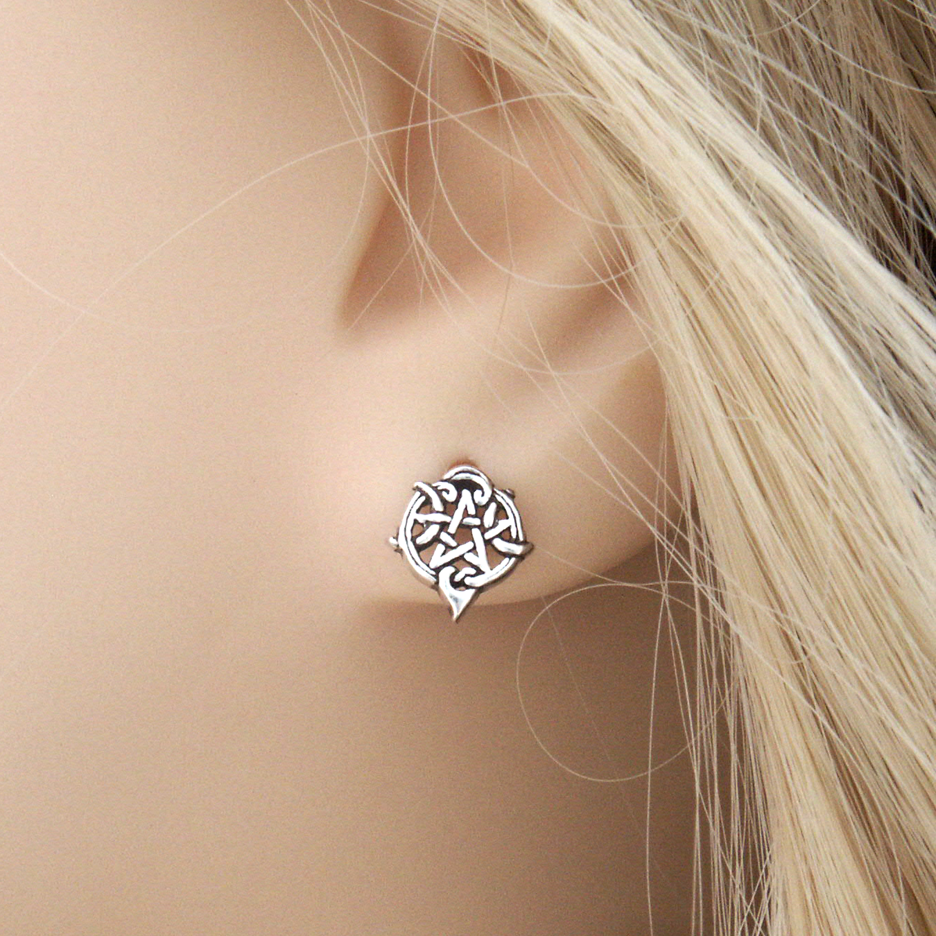 Silver Heart Pentacle Stud Earrings