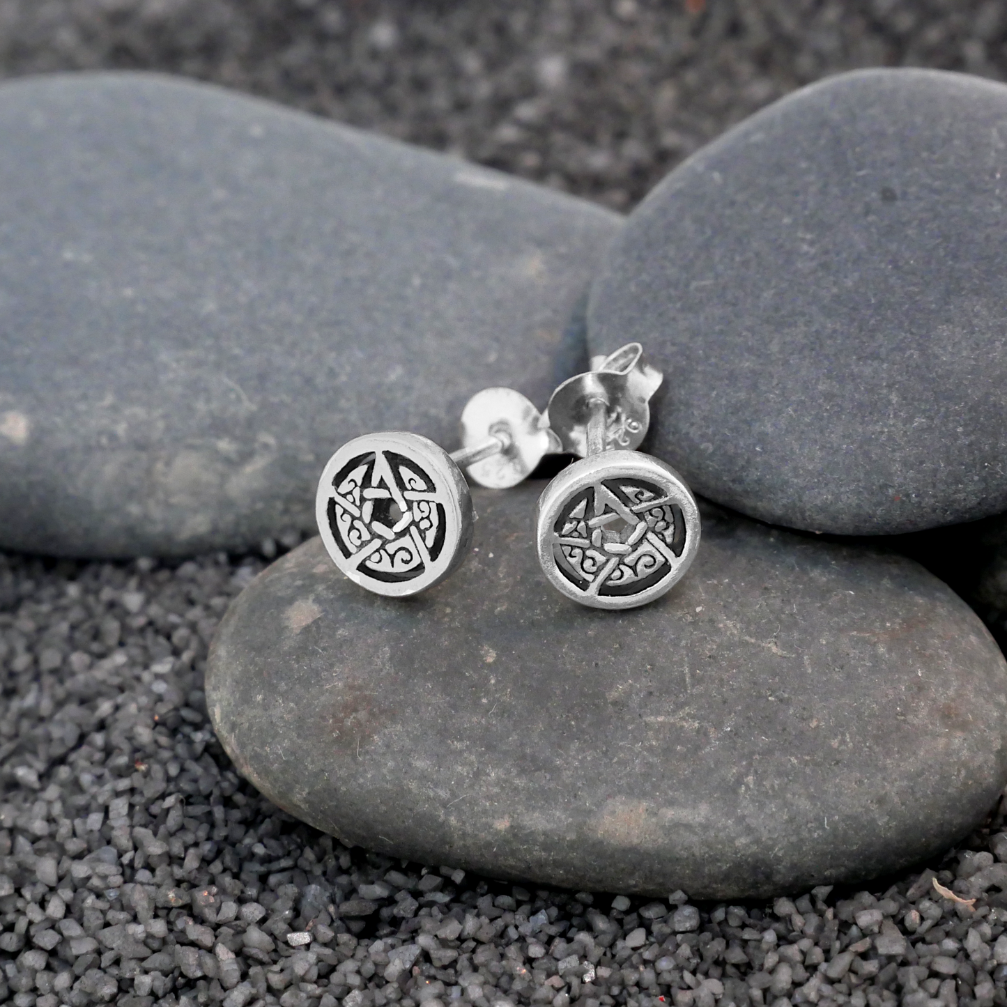 Silver Crescent Moon Pentacle Stud Earrings