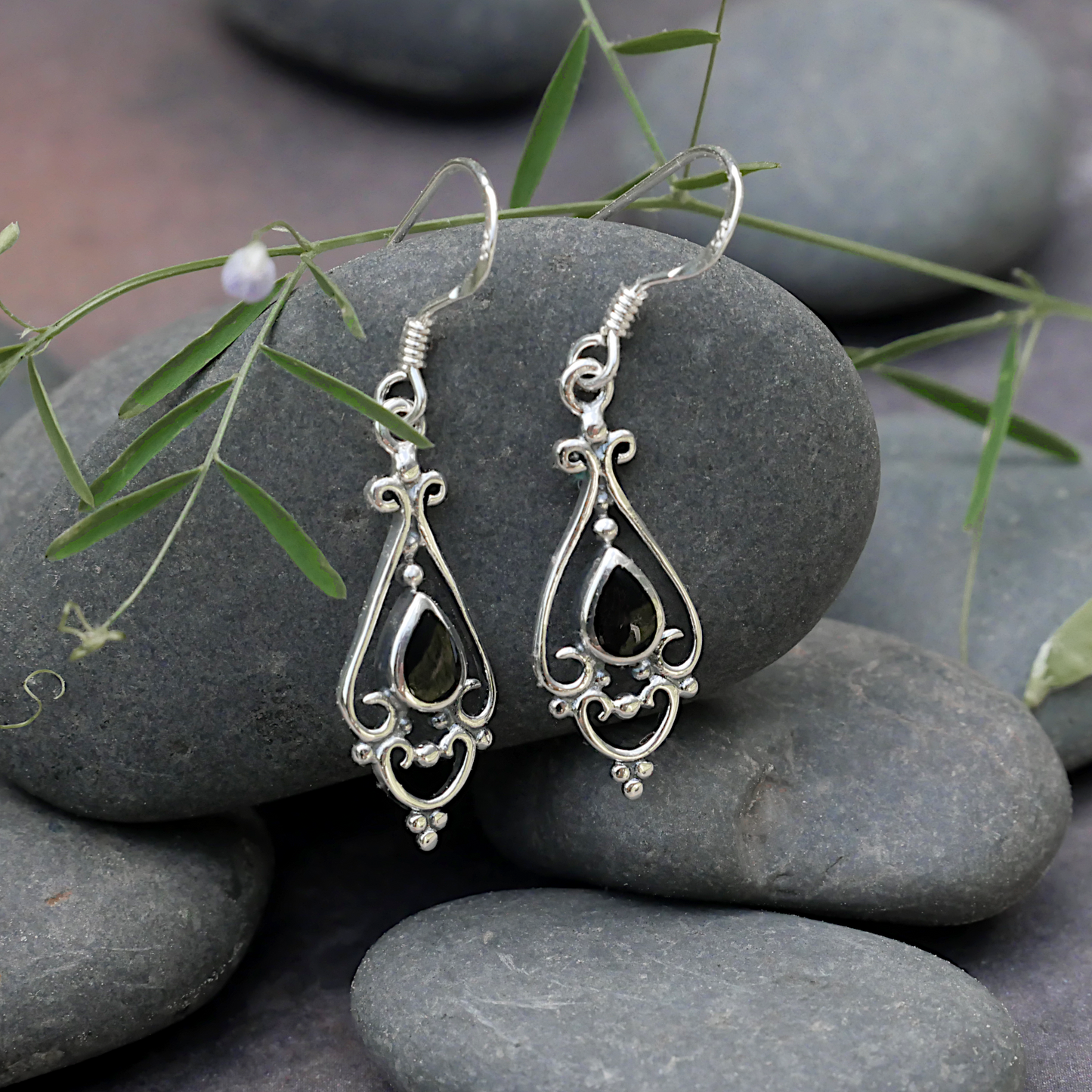 Silver Victorian Onyx Earrings