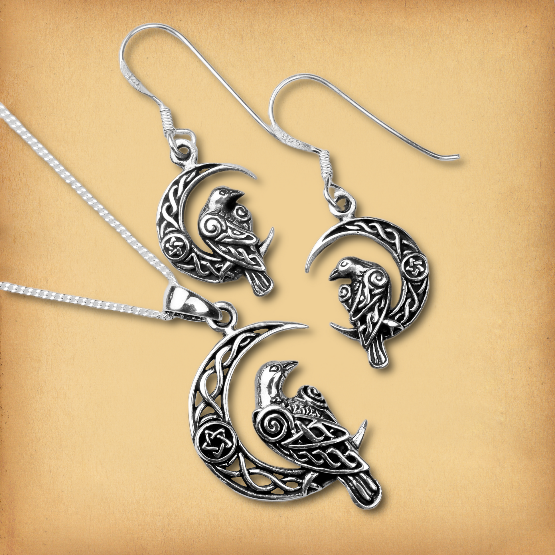 Silver Celtic Moon Raven Earrings