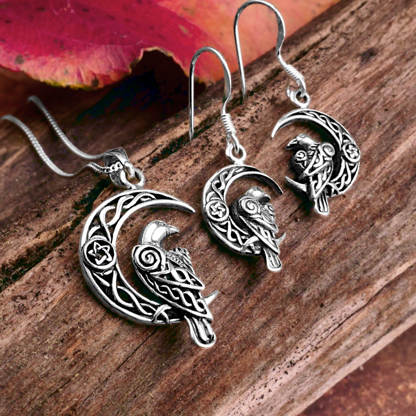 Silver Celtic Moon Raven Earrings