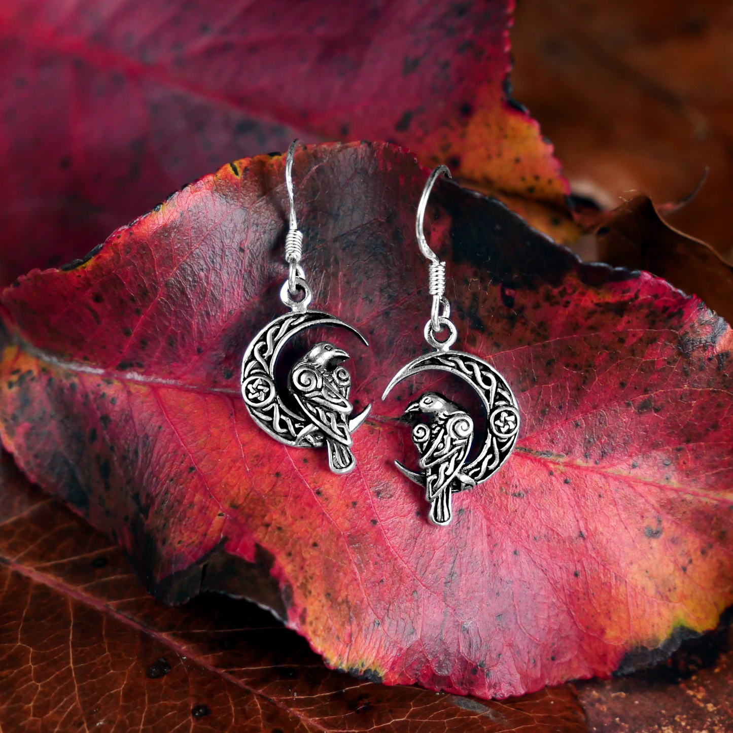 Silver Celtic Moon Raven Earrings