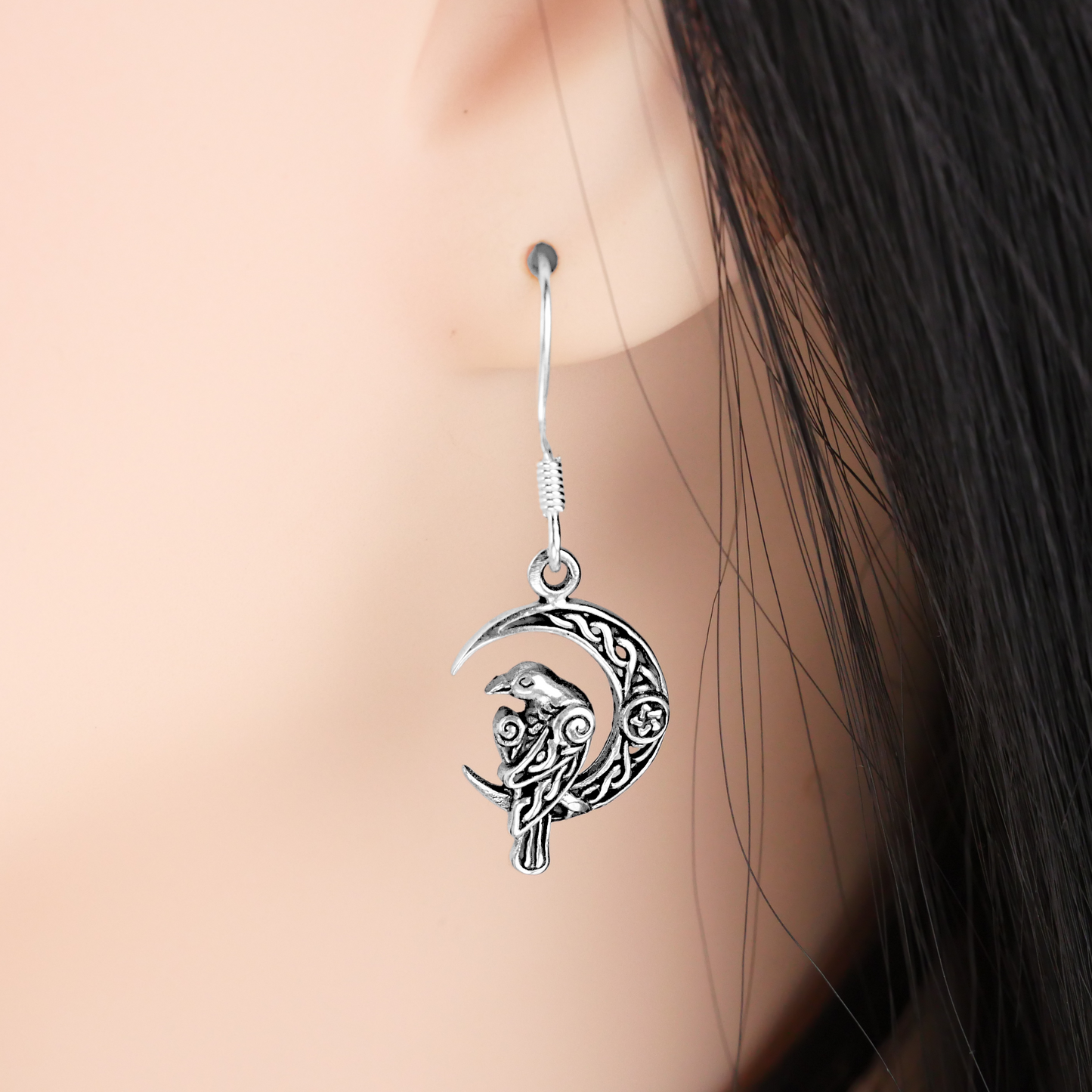 Silver Celtic Moon Raven Earrings